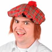 Béret écossais rouge avec faux cheveux roux à l'arrière