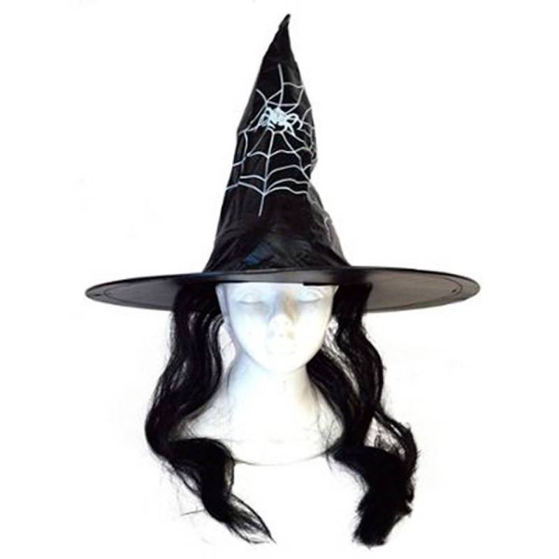 Chapeau pointu de sorcière avec cheveux de couleur et toile d'araignée