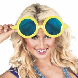 Lunettes géantes, rondes, à monture jaune et verres bleus