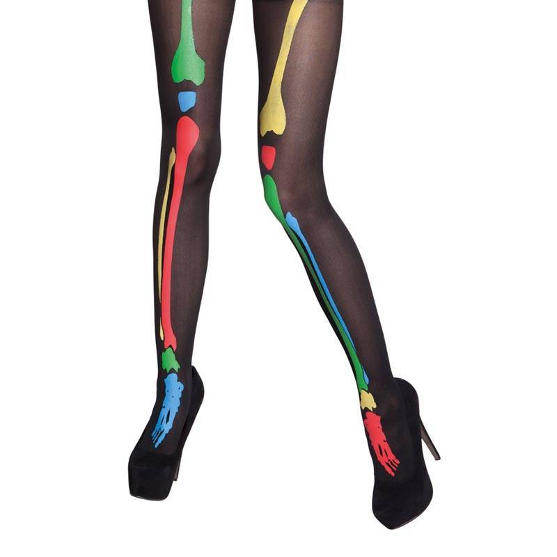 Collants noirs semi transparents avec squelette rouge vert bleu et jaune